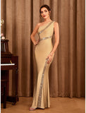 Mermaid / Trumpet Party Dresses Sexy Dress Wedding Party Floor Length Sleeveless One Shoulder Stretch Satin with Glitter
