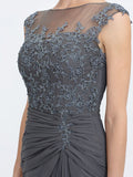 A-Line Mother of the Bride Dress Elegant See Through Bateau Neck Floor Length Chiffon Lace Sleeveless with Side Draping