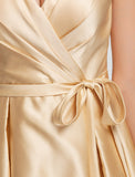 Ball Gown / A-Line V Neck Knee Length Satin Bridesmaid Dress with Sash / Ribbon / Criss Cross / Draping