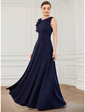 A-Line Evening Gown Plus Size Dress Formal Wedding Guest Floor Length Sleeveless Jewel Neck Bridesmaid Dress Polyester with Draping Appliques Pure Color