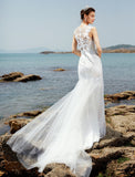 Mermaid / Trumpet Bateau Neck Sweep / Brush Train Lace / Tulle Made-To-Measure Wedding Dresses with Lace / Ruched