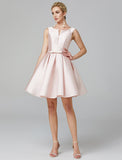 A-Line Cute Dress Wedding Guest Homecoming Knee Length Sleeveless V Wire Satin with Bow(s) Pleats