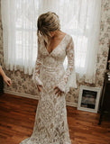 Beach Boho Wedding Dresses Mermaid / Trumpet V Neck Long Sleeve Court Train Lace Bridal Gowns With Appliques Solid Color