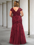 A-Line Mother of the Bride Dress Luxurious Plus Size Elegant Scoop Neck Floor Length Lace Tulle Sleeveless with Appliques