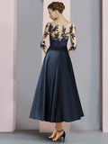 Sheath / Column Mother of the Bride Dress Party Elegant Scoop Neck Ankle Length Satin Lace Half Sleeve with Bow(s) Pleats