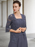 A-Line 3 Piece Mother of the Bride Dress Plus Size Elegant Square Neck Tea Length Chiffon Lace Sleeveless Wrap Included Jacket Dresses with Crystals Ruffles