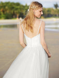 Beach Wedding Dresses A-Line Spaghetti Strap Sleeveless Sweep / Brush Train Chiffon Bridal Gowns With Sashes / Ribbons