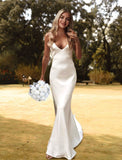 Hall Casual Wedding Dresses Sheath / Column Camisole V Neck Spaghetti Strap Court Train Charmeuse Bridal Gowns With Solid Color
