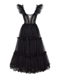 A-Line Prom Black Dress Vintage Dress Masquerade Ankle Length Sleeveless Sweetheart Wednesday Addams Family Tulle Crisscross Back with Pleats Ruffles