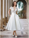 Little White Dresses Wedding Dresses A-Line V Neck Short Sleeve Tea Length Satin Bridal Gowns With Pleats Solid Color