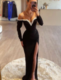 Mermaid / Trumpet Evening Gown Elegant Dress Formal Floor Length Long Sleeve Sweetheart Italy Satin with Pearls Slit