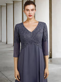 A-Line Mother of the Bride Dress Plus Size Elegant V Neck Tea Length Chiffon Lace 3/4 Length Sleeve with Ruffles Appliques