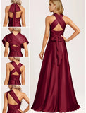 A-Line Bridesmaid Dress Halter Neck Sleeveless Elegant Floor Length Stretch Satin with Split Front / Ruching