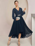 A-Line Mother of the Bride Dress Formal Wedding Guest Elegant High Low Scoop Neck V Neck Asymmetrical Tea Length Chiffon Long Sleeve with Crystal Brooch