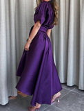 A-Line Evening Gown Elegant Dress Formal Asymmetrical Short Sleeve Shirt Collar Satin with Strappy