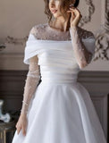 Beach Little White Dresses Formal Wedding Dresses A-Line Illusion Neck Long Sleeve Floor Length Tulle Bridal Gowns With Ruched Beading