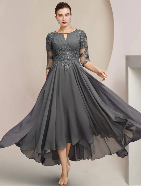 A-Line Mother of the Bride Dress Formal Wedding Guest Elegant High Low Scoop Neck Tea Length Satin Lace 3/4 Length Sleeve with Pleats Appliques