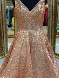 A-Line Homecoming Dresses Sparkle & Shine Dress Graduation Tea Length Sleeveless V Neck Pink Dress Sequined with Sequin