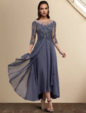 A-Line Mother of the Bride Dress Wedding Guest Plus Size Elegant High Low Jewel Neck Asymmetrical Tea Length Chiffon Lace 3/4 Length Sleeve with Sequin Appliques Fall