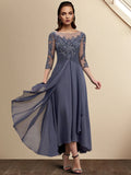 A-Line Mother of the Bride Dress Plus Size Elegant High Low Jewel Neck Asymmetrical Tea Length Chiffon Lace 3/4 Length Sleeve with Sequin Appliques