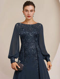Sheath / Column Mother of the Bride Dress Formal Wedding Guest Elegant Scoop Neck Floor Length Chiffon Lace Long Sleeve with Sequin Appliques