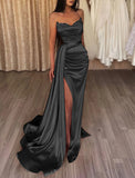 Mermaid Ruched Evening Gown Satin Dress Cocktail Party Prom Court Train Sleeveless Strapless Bridesmaid Dress with Beading Sequin Pure Color