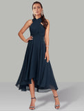 A-Line Blue Wedding Guest Dresses Convertible Infinity Mother Of The Bride Dress Formal Tea Length Sleeveless One Shoulder Chiffon with Ruched