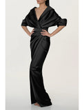A-Line Evening Gown Black Dress Elegant Dress Formal Fall Sweep / Brush Train Half Sleeve V Neck Satin with Ruched Slit