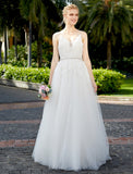 Reception Wedding Dresses A-Line Plunging Neck Sleeveless Floor Length Tulle Over Lace Bridal Gowns With Sashes / Ribbons Beading