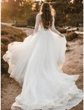 Beach Boho Wedding Dresses A-Line V Neck Long Sleeve Court Train Lace Bridal Gowns With Appliques Solid Color