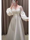 Hall Vintage Formal Wedding Dresses A-Line V Neck Long Sleeve Sweep / Brush Train Satin Bridal Gowns With Embroidery Appliques