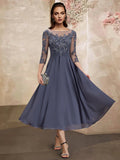 A-Line Mother of the Bride Dress Plus Size Elegant Jewel Neck Tea Length Chiffon Lace Short Sleeve with Ruched Sequin Appliques