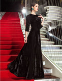 A-Line Black Dress Vintage Wedding Guest Formal Evening Floor Length 3/4 Length Sleeve Jewel Neck Velvet with Pleats