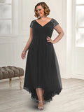A-Line Mother of the Bride Dress Plus Size Elegant High Low V Neck Asymmetrical Floor Length Chiffon Short Sleeve with Pleats Beading