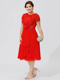 A-Line Mother of the Bride Dress Elegant & Luxurious Beautiful Back Plus Size Jewel Neck Knee Length Chiffon Beaded Lace Short Sleeve No with Pleats Beading Flower