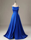 A-Line Evening Gown Sexy Dress Formal Sweep / Brush Train Sleeveless Spaghetti Strap Charmeuse with Slit