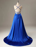 A-Line Evening Gown Sexy Dress Formal Wedding Guest Sweep / Brush Train Sleeveless Spaghetti Strap Charmeuse with Slit