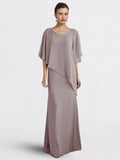 Sheath / Column Mother of the Bride Dress Plus Size Elegant V Neck Floor Length Chiffon Half Sleeve with Beading