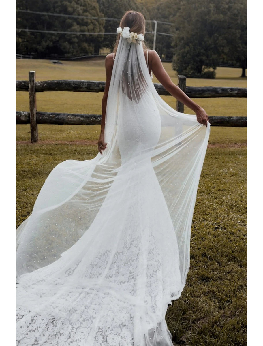 Pearl Wedding Veil 1 Layer Long Bridal Cathedral Veil main image 0