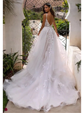 A-Line Wedding Dresses V Neck Chapel Train Lace Tulle Spaghetti Strap Romantic Sexy Beautiful Back with Appliques