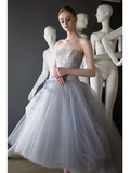 Ball Gown Elegant Vintage Graduation Engagement Dress Strapless Sleeveless Tea Length Tulle with Tier Appliques