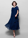 A-Line Mother of the Bride Dress Plus Size Elegant Cowl Neck Tea Length Chiffon Short Sleeve with Ruffles