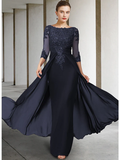 Mother of the Bride Dress Elegant Sparkle & Shine Jewel Neck Asymmetrical Floor Length Chiffon Lace 3/4 Length Sleeve with Sequin Appliques