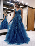 Ball Gown A-Line Prom Dresses Sparkle & Shine Dress Formal Floor Length Sleeveless V Neck Tulle Backless with Glitter Appliques