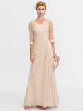 Mother of the Bride Dress Elegant See Through V Neck Floor Length Chiffon Sheer Lace Half Sleeve with Appliques Side Draping