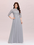 A-Line Mother of the Bride Dress Plus Size Elegant Jewel Neck Floor Length Chiffon Lace  Length Sleeve with Lace