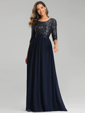 A-Line Elegant Wedding Guest Formal Evening Dress Jewel Neck 3/4 Length Sleeve Floor Length Tulle Sequined with Sequin