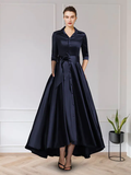 A-Line Mother of the Bride Dress Elegant Jewel Neck Asymmetrical Chiffon Lace Short Sleeve with Pleats Appliques