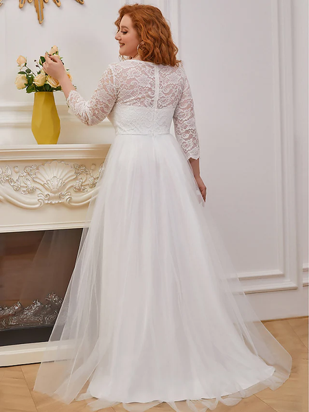 A-Line Jewel Lace Wedding Dress Floor Length Elegant Bridal Gown