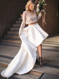 Two Piece Wedding Dresses Jewel Neck Court Train Asymmetrical Lace Satin Long Sleeve Beach Cute with Pleats Appliques